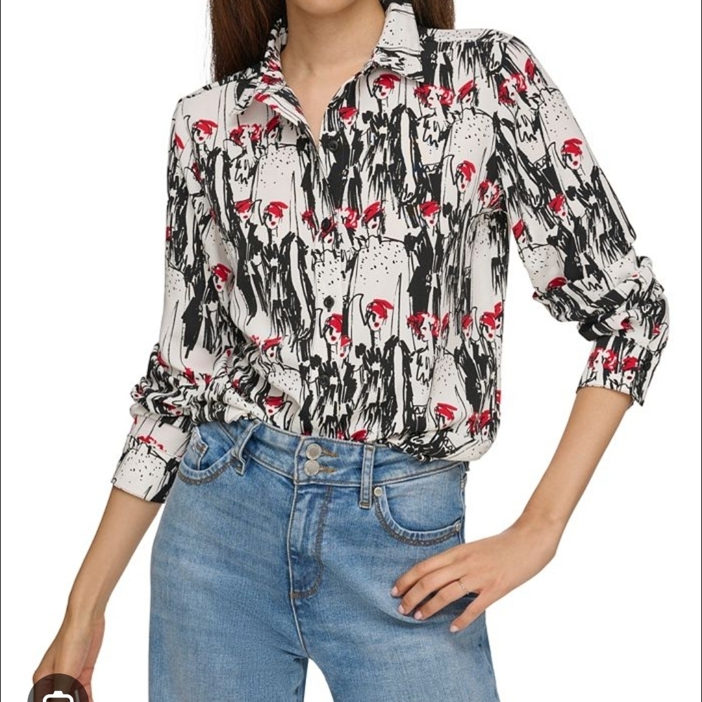 Karl Lagerfeld Black and Red Graphic Button Down Shirt